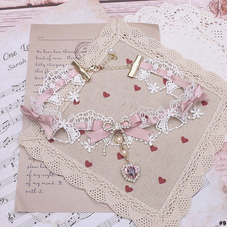 Kei 12 Heart Rhinestone Lace Choker Jirai Bowknot Options Color