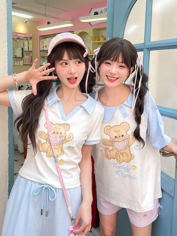 バージョンベアプリント アップル＆ハートボタン Tシャツ Vネック ホワイト ショート