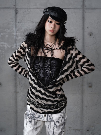 White with Vintage Set Deconstructed Fur Design Bustier Black Striped Top Faux Knit