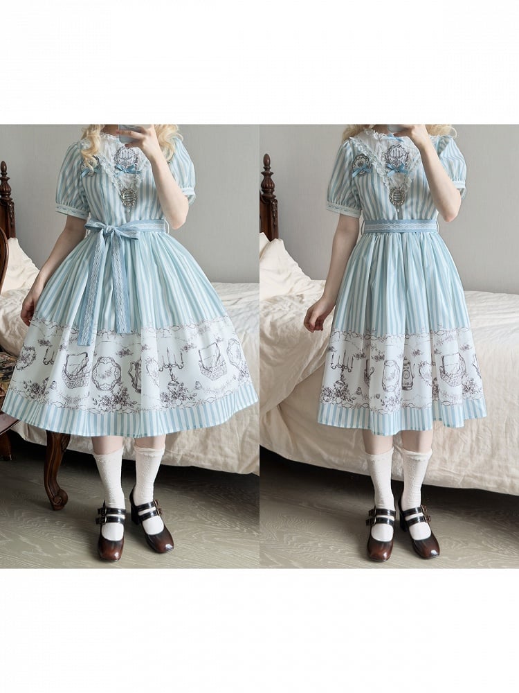 Classic Lolita Antique Porcelain Print and Embroidery OP Dress in Blue and Gray with Striped Pattern - Birds Diary