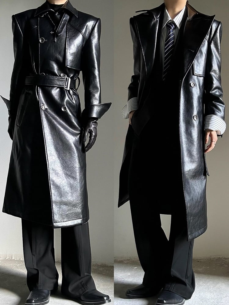Coat Front with Button PU Dual-Wear Black Design Waist Ouji Set Belt