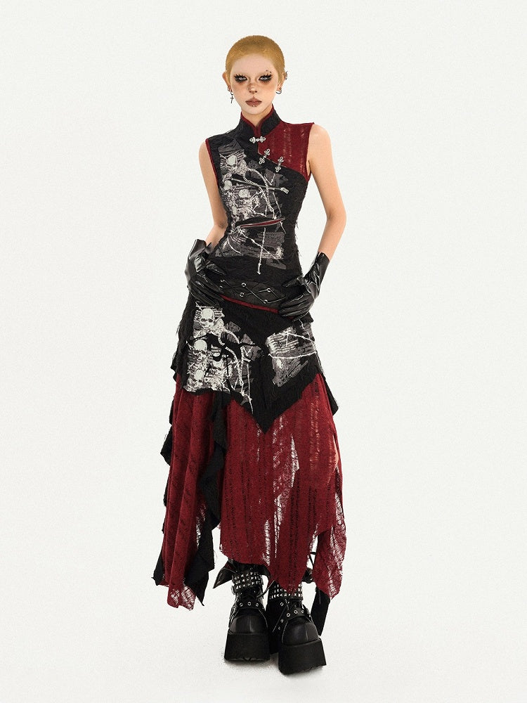 Gothic Black Strap Skirt with Asymmetrical Hem
