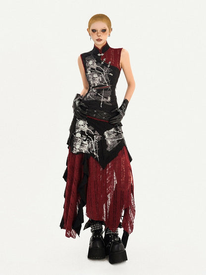 Gothic Black Strap Skirt with Asymmetrical Hem