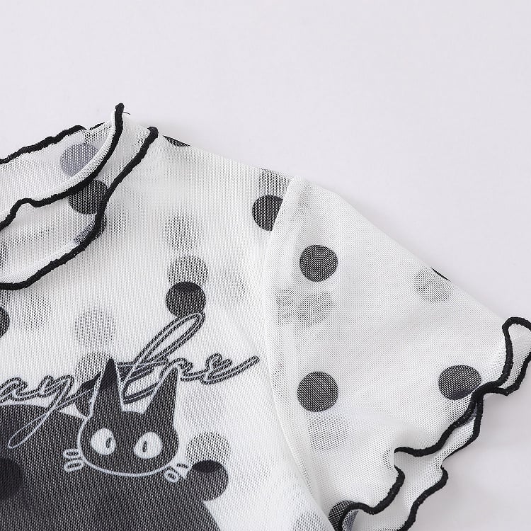 Cartoon Girl & Polka Dot Print White Mesh Short Sleeve T-Shirt - Languid Park