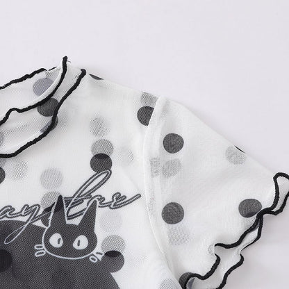 Cartoon Girl & Polka Dot Print White Mesh Short Sleeve T-Shirt - Languid Park