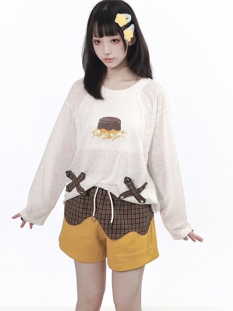 Airy White Pudding Graphic Long Sleeve Blouse with Plaid Strip Accents - PINK SAVIOR