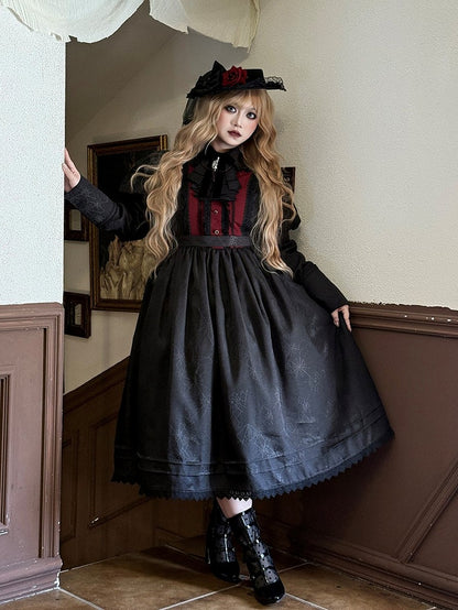 Lolita and Gothic with Lace Pattern Dress Spider Web Trim Black Juliette Sleeves