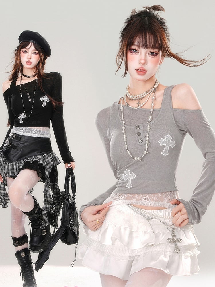 Grey Asymmetrical Neckline Top with Lace Cross Appliques Tank Top Set