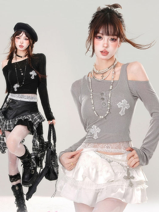 Grey Asymmetrical Neckline Top with Lace Cross Appliques Tank Top Set