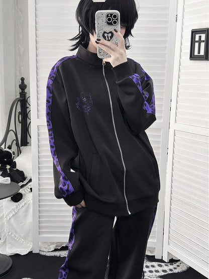Sporty Jirai Kei Black & Purple Leopard Print Pants - Puzzles