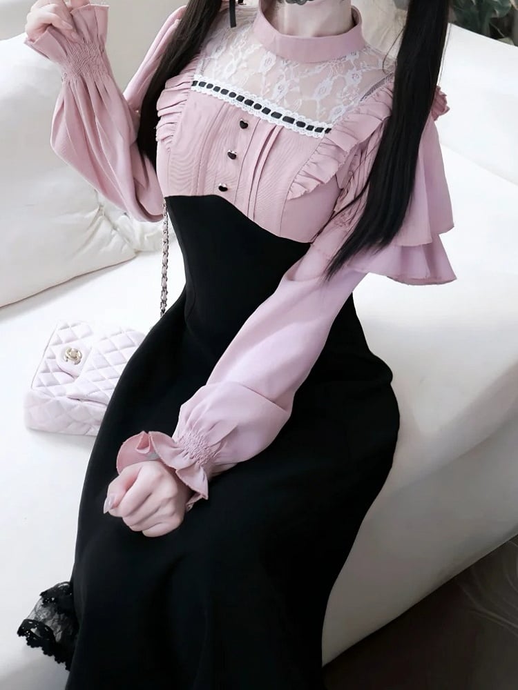 Lace Black Pink Jirai Kei Panel Long-Sleeve Design Dress Ruffled