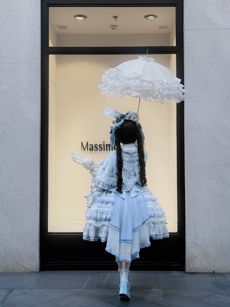 Blue Bunny Ears Lolita Jacquard Ruffled Cape - Starry Messenger