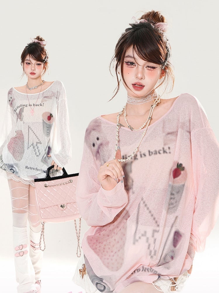 Erdbeerdruck Asymmetrischer Ausschnitt Weiß/Pink