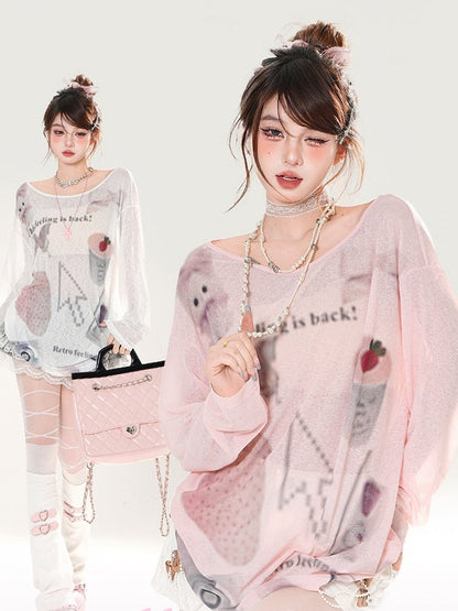 Erdbeerdruck Asymmetrischer Ausschnitt Weiß/Pink