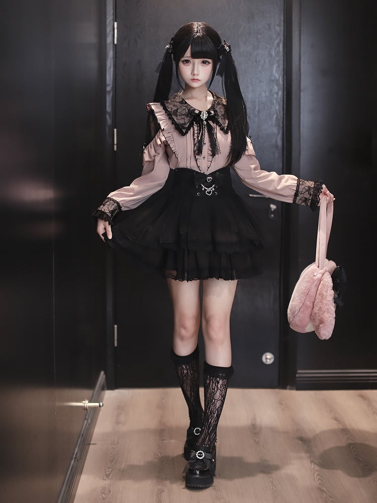 Black Shoulder Kei Pink with Collar Lace Cutouts Pointed Blouse Jirai Gothic