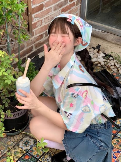 ストライプ柄の可愛い子犬のスクエアスカーフ