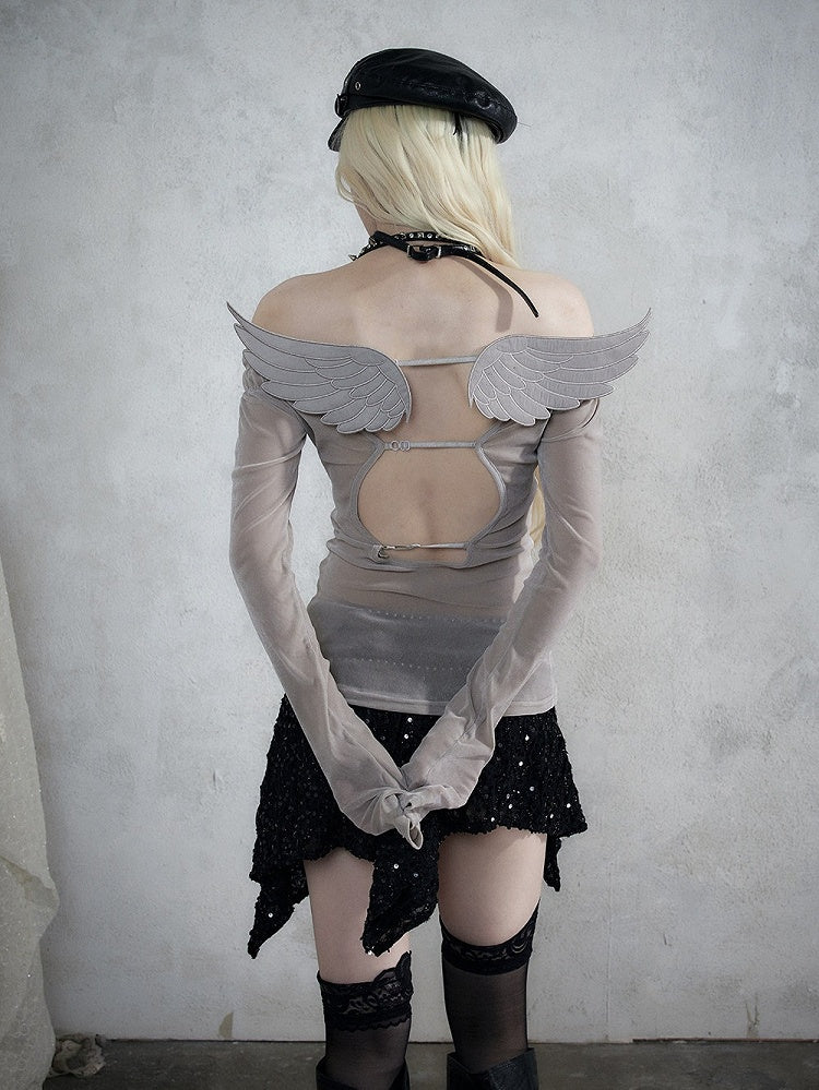 Grey Heart Print Off-Shoulder Long Sleeve Flocked Knit Top with Back Cutout & Wing Decoration - NO ROMANCE