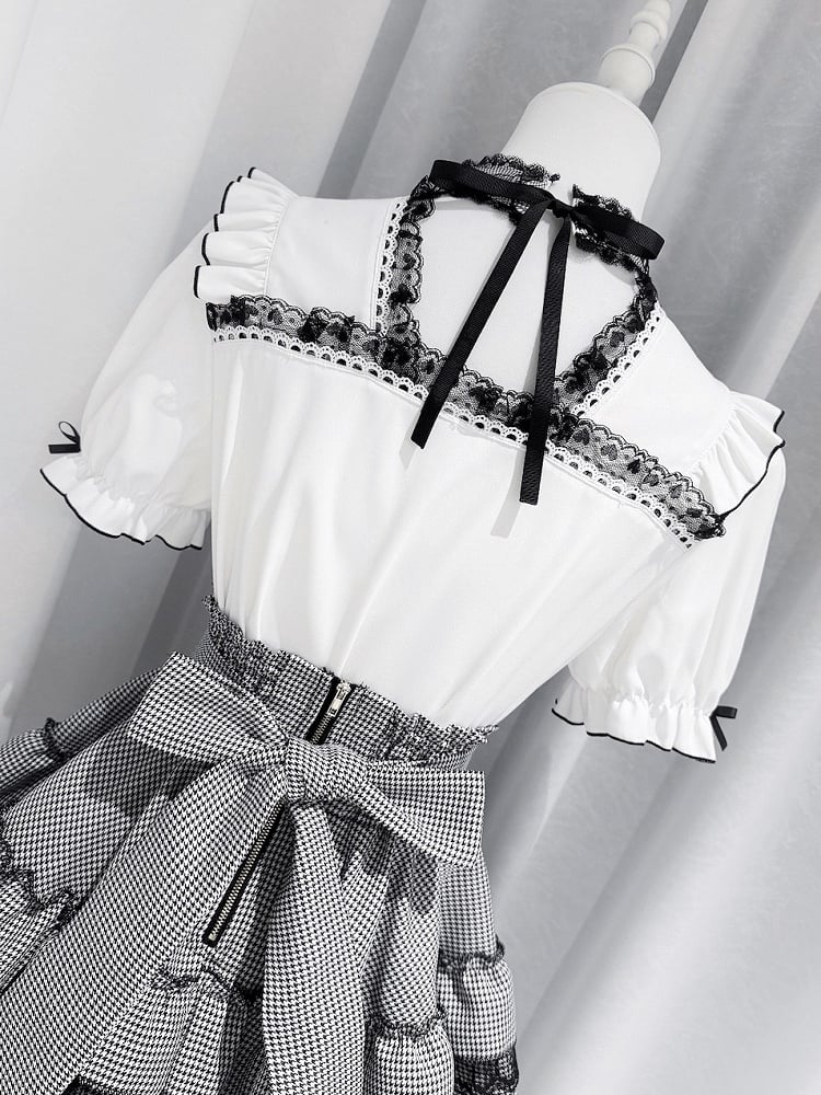 Monochrome Ruffle Sleeve Blouse with Lace, Bow and Choker Accents - GingaU