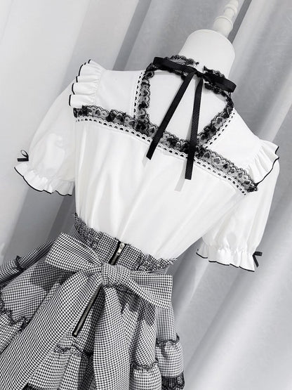 Monochrome Ruffle Sleeve Blouse with Lace, Bow and Choker Accents - GingaU