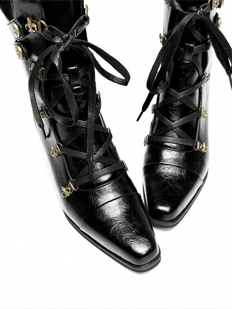 Fastening Black Boots Toe Zip in Lace Steampunk with Hybrid Mid-heel Pointed Design PU