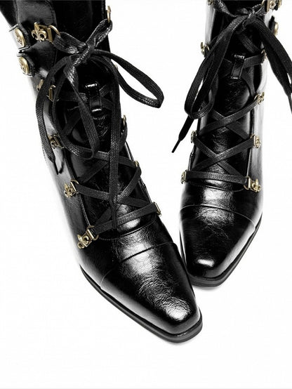 Fastening Black Boots Toe Zip in Lace Steampunk with Hybrid Mid-heel Pointed Design PU