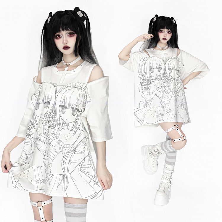 Girl Short-Sleeve Gray Cutout Top Landmine Shoulder White Printed Style