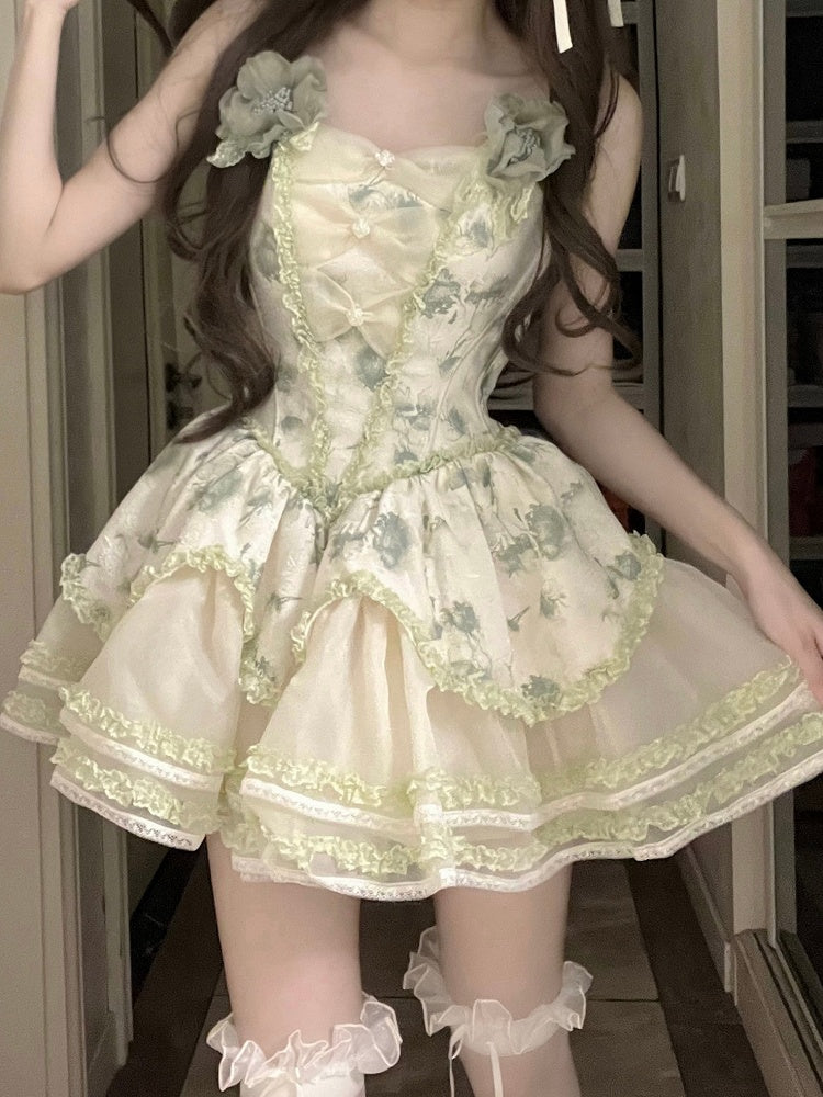 Layered Skirt Lace Green Trimmings Princess with Ruffles Floral-Print and Lolita Jumper