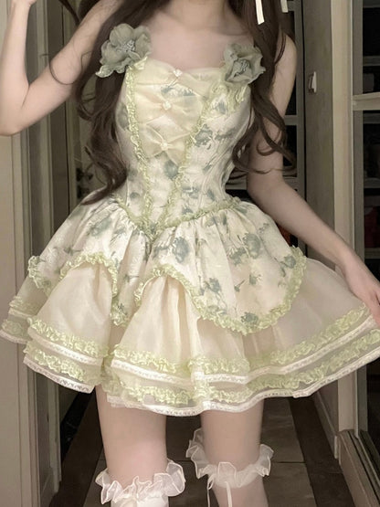 Layered Skirt Lace Green Trimmings Princess with Ruffles Floral-Print and Lolita Jumper