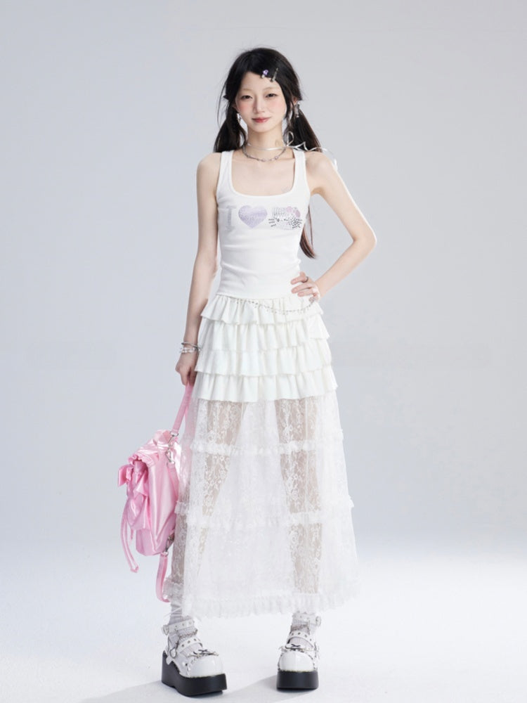 Sweet White Kitty Rhinestones Tank Top/T-Shirt