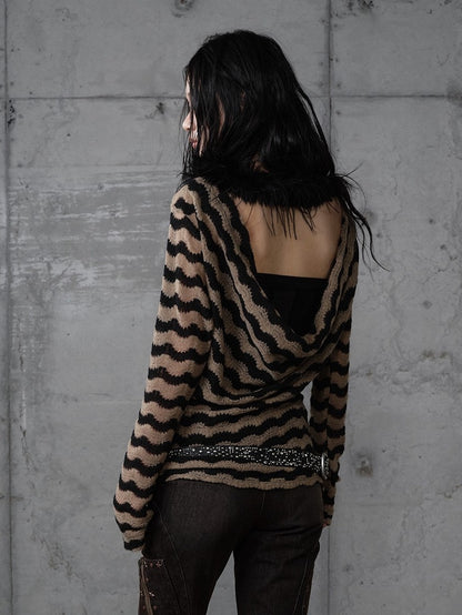 Bustier-Set-Top Braun Strick Gestreift Dekonstruiert Flügel Schwarz Print