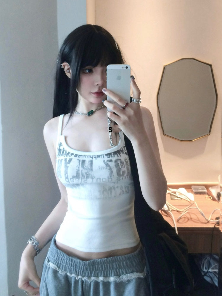 Top/Grau Elastische Taille Distressed Löcher Casual Hosen Cami Weiß Glamouröse Grafik