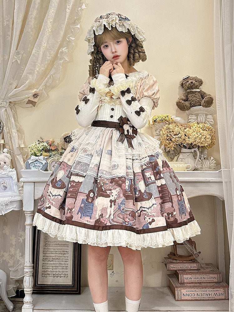 Trims Beige with Dress Brown Lolita Round Print Home Sheep's Sweet Neck Lace