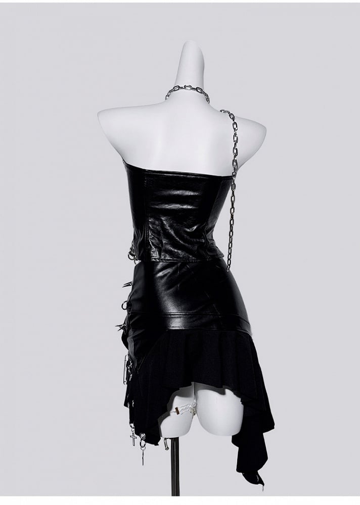 Black Halter Neck Leopard Pattern Stud Ring Corset Top