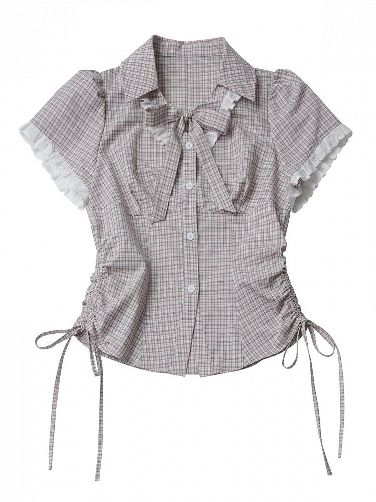 Pink Plaid Turn-down Collar Short Sleeve Shirt with Drawstring Waist & Lace - PINK SAVIOR