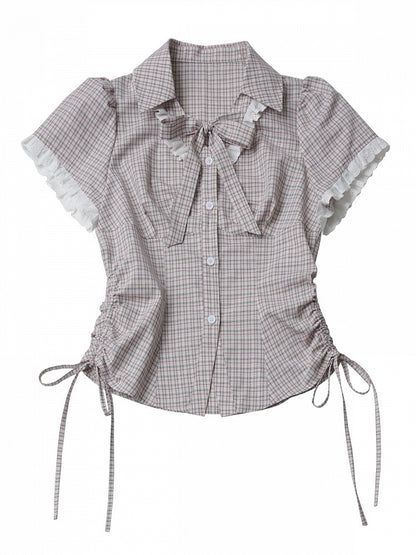 Pink Plaid Turn-down Collar Short Sleeve Shirt with Drawstring Waist & Lace - PINK SAVIOR