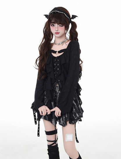 アシンメトリーなフリルプラケットヘムシフォントップス ピンク レースアップ ブラック/ライト