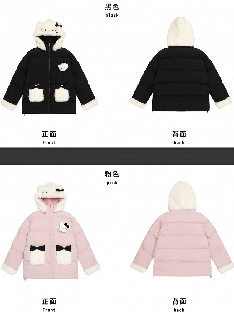 Rosa/schwarze Pufferjacke mit Kapuze und Plüschbündchen mit Kätzchen-Verzierung
