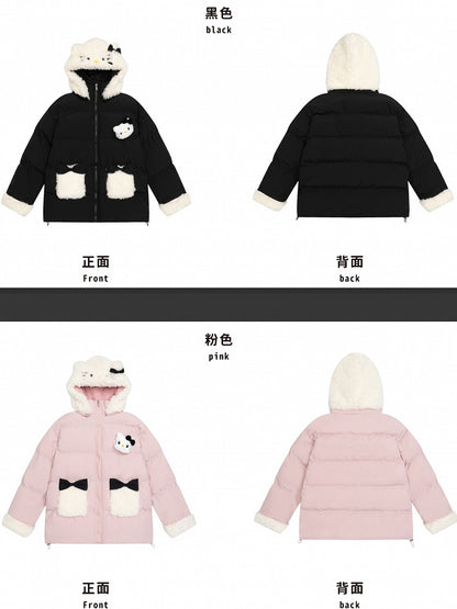 Rosa/schwarze Pufferjacke mit Kapuze und Plüschbündchen mit Kätzchen-Verzierung