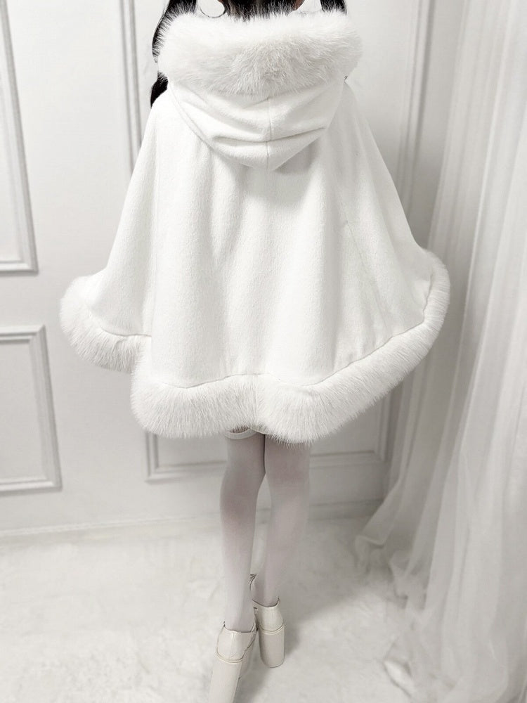Hooded Bow with Decor Bead Kei White Cape Furry Chain Jirai