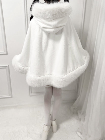 Hooded Bow with Decor Bead Kei White Cape Furry Chain Jirai