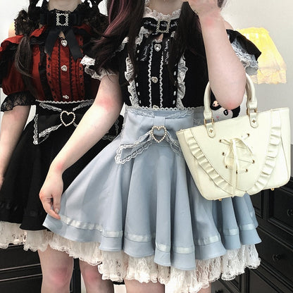 Jirai Kei Black/White/Red/Light Buttons Blue Open Shoulder Sweetheart Lace Trim Blouse