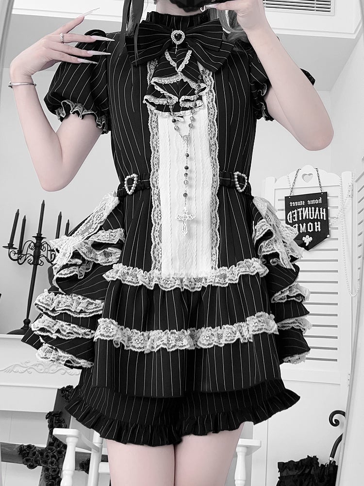 Puffy Jirai Set: Side Striped Design Train Gothic Elegant Dress Black with Sleeve Kei Draped