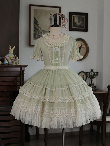 Green Square Neck Lace OP Dress - Tiny Garden