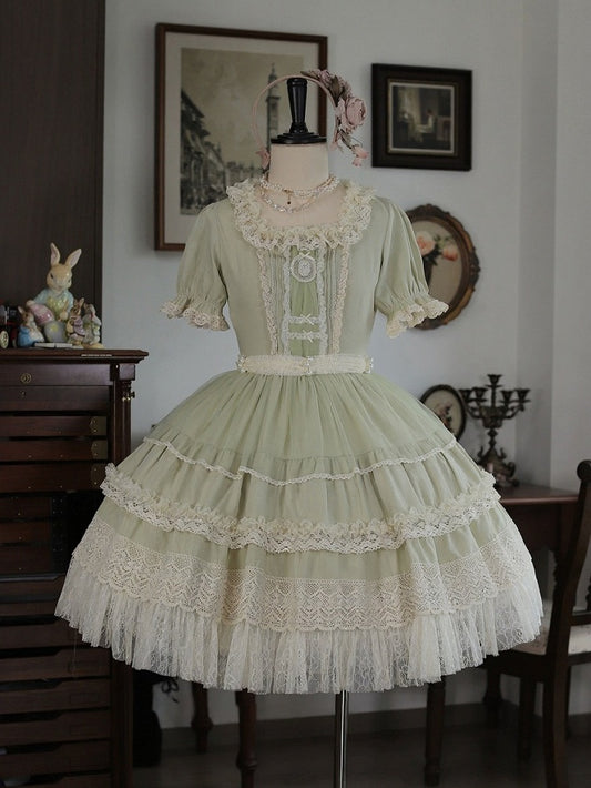 Robe OP en dentelle verte à encolure carrée - Tiny Garden