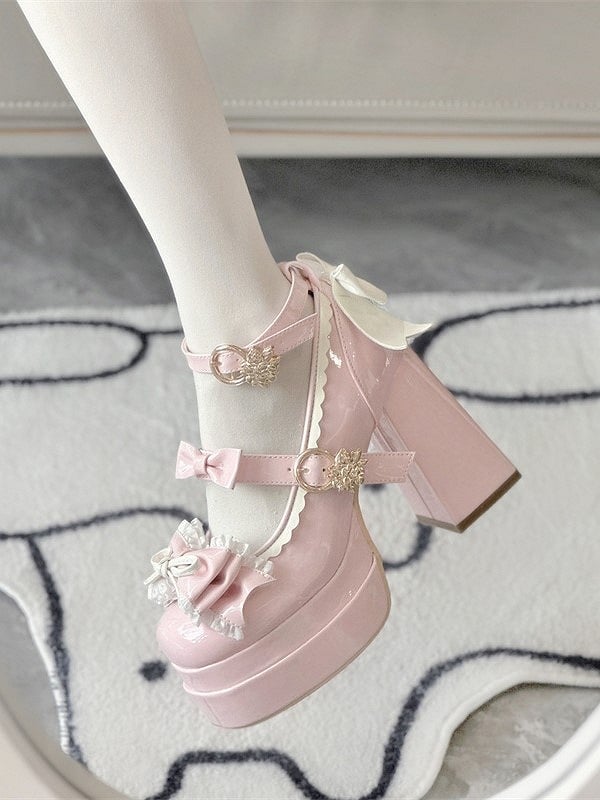 Details Mary PU with High-heel Shoes Elegant 11cm Light Lolita Jane Bow Pink
