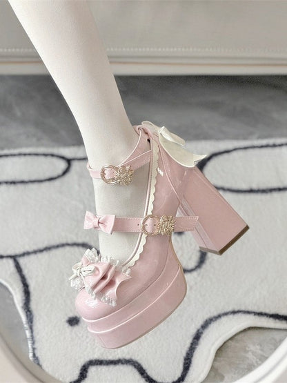 Details Mary PU with High-heel Shoes Elegant 11cm Light Lolita Jane Bow Pink