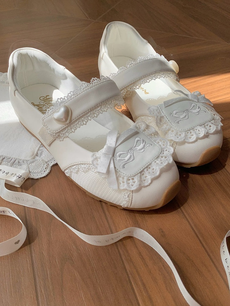 Heart-Adorned Bow Velcro Trim Sweet - Details Flat Lolita Lace Straps White Shoes