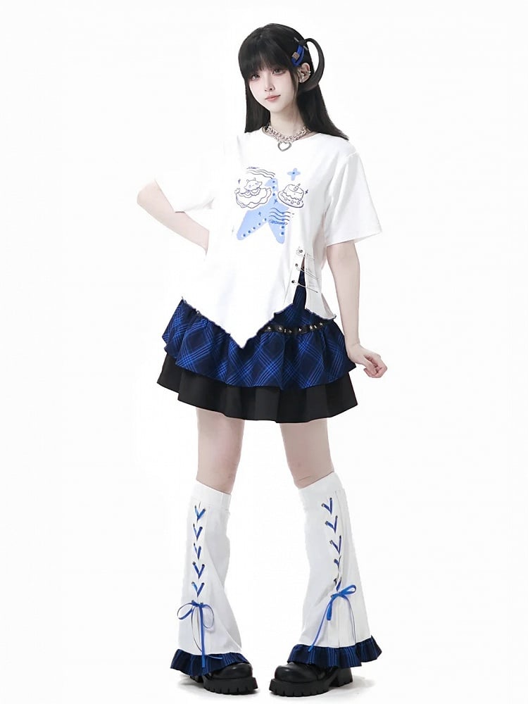 Weiß-blau karierter Saum mit Schnürdetail – Beinwärmer