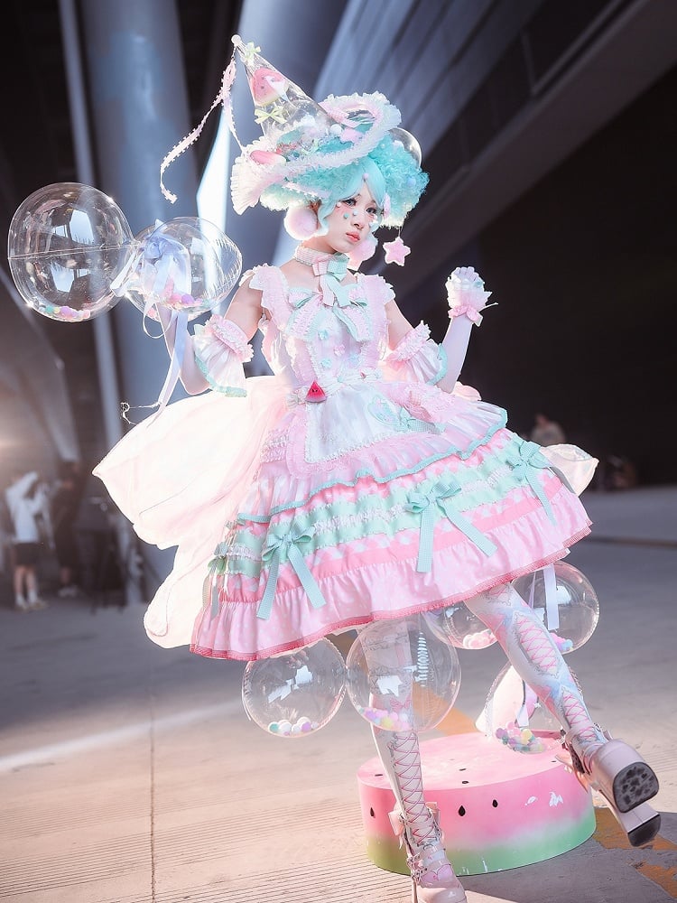 Lolita-Kleid, Kuchen, süße Schleife und Akzente, Rock, gestuft, Wassermelone, Rosa, Grün