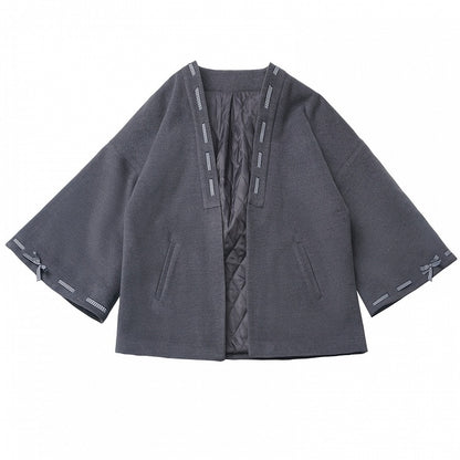 Dark Grey Bow Accents Open Placket Woolen Coat